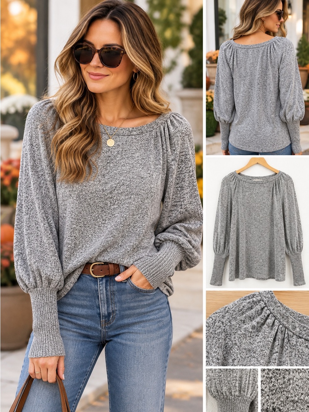LOFT Gray Marled Puff Sleeve Sweater Top Long Ribbed Cuffs Size M